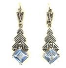 Ohrringe mit synth.Caree  Aquamarin + Markasit im    Art-Deco-Stil