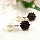 Bohemian garnet earrings with big freshwater pearl drops