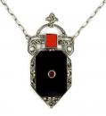 Old Vintage marcasite necklace with onyx and coral in Art-Déco style