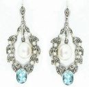 Florale Ohrringe mit oval e.Blautopas(beh) + Perle + Perlchen + Markasit