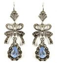 Schleifenohrringe mit synth.Aquamarin Tropfen + Markasit + Perlchen