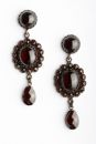 Dangling oval garnet cabouchon earrings in Victorian style w/14ct gold studs